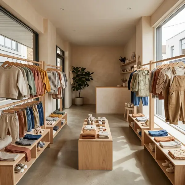 Modern children's fashion boutique displaying coordinated casual outfits, playful graphic tops, and organized kidswear collections