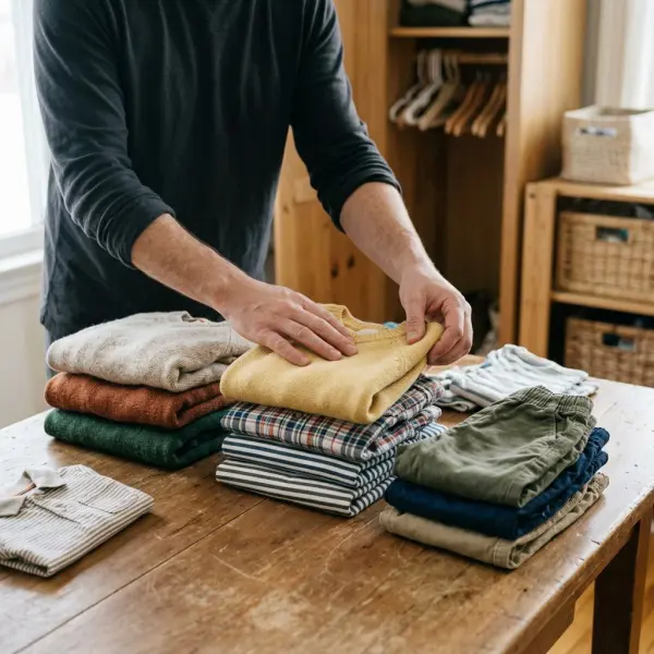Well-maintained children's sweaters, shirts, and trousers being organized by size for reuse or secondhand sale