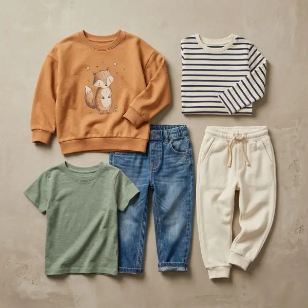 Contemporary children's clothing collection displaying playful graphic sweatshirts, striped tops, relaxed trousers, and neutral wardrobe essentials