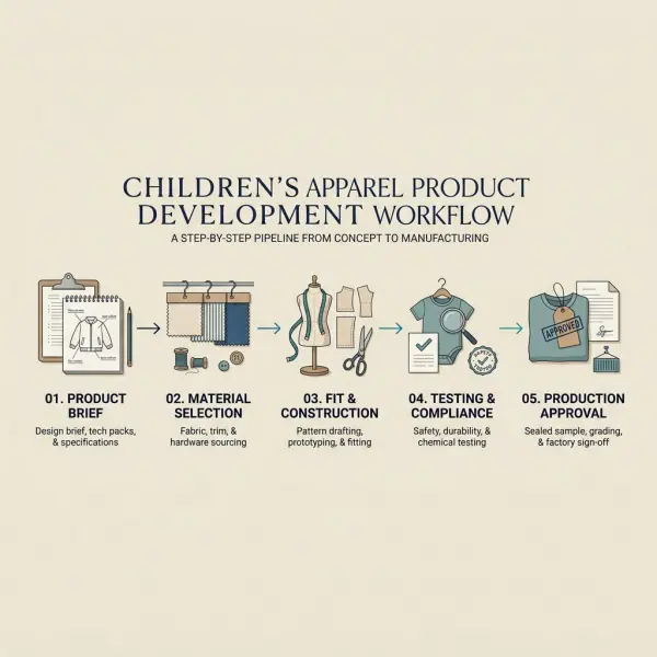 Simple children's clothing product development workflow showing intended use, material selection, sampling, testing, and quality approval