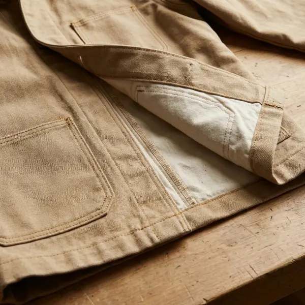 Detail konstruksi saku, kampuh, dan lapisan kain yang memengaruhi bentuk jaket kanvas