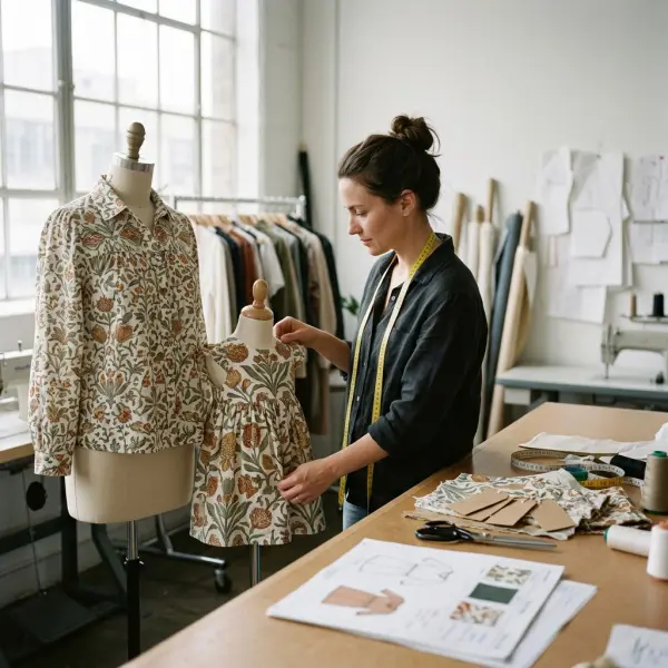 Fashion product developer comparing coordinated adult and children's garment samples with shared fabrics in a design studio