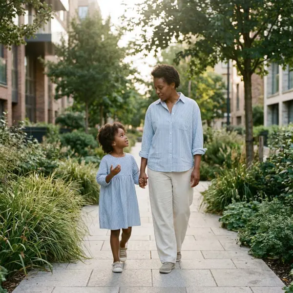 Parent and child wearing coordinated contemporary casual outfits with matching striped fabrics and comfortable age-appropriate silhouettes