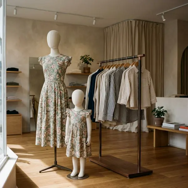 Contemporary boutique displaying coordinated adult and children's outfits with matching textile prints and complementary colors