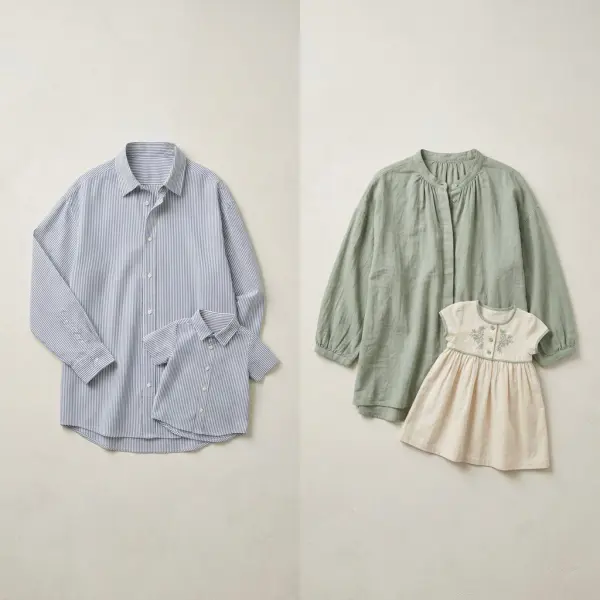 Flat-lay comparison of matching parent-child shirts and complementary adult and children's outfits using shared colors and prints