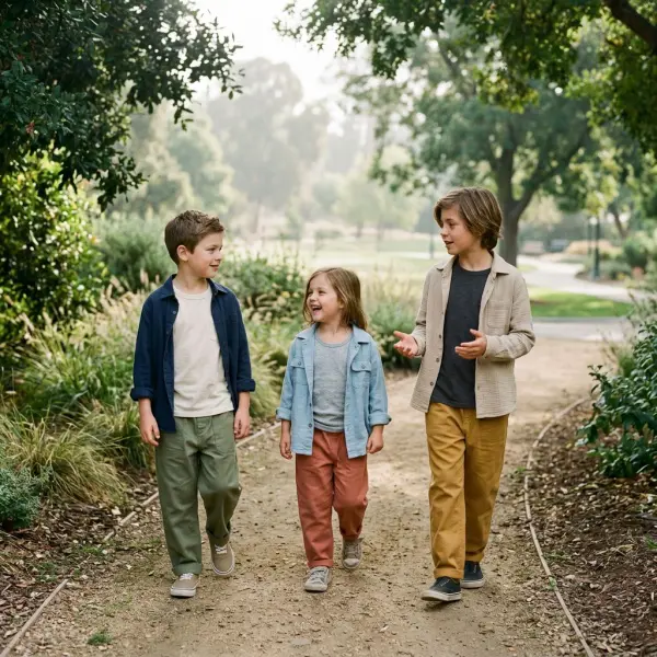 Three children wearing relaxed contemporary kidswear outfits with comfortable trousers, casual tops, and playful colors during a park outing