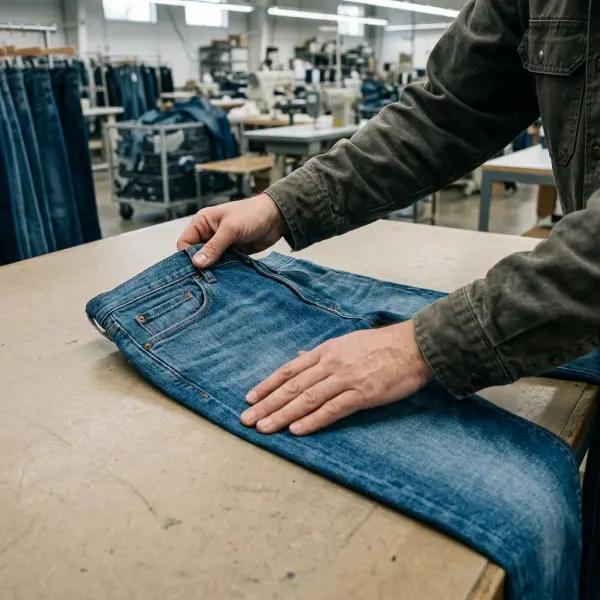 Pemeriksaan hasil wash pada bagian paha, jahitan, dan saku celana jeans setelah finishing