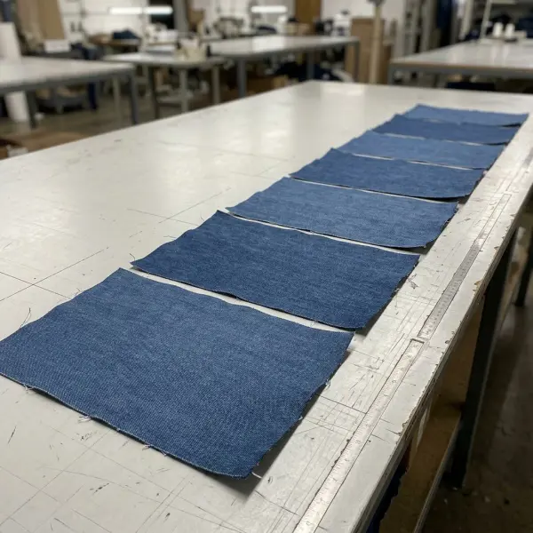 Perbandingan beberapa potongan denim untuk memeriksa konsistensi warna dalam produksi celana jeans