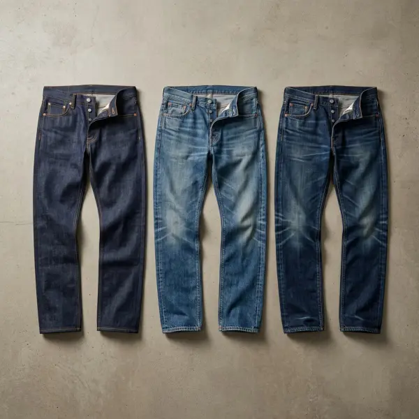 Perbandingan tampilan celana jeans dengan warna gelap, efek pudar, dan kontras wash denim