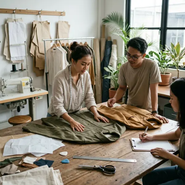 Tim desain fashion meninjau sampel jaket kanvas untuk pengembangan koleksi outerwear