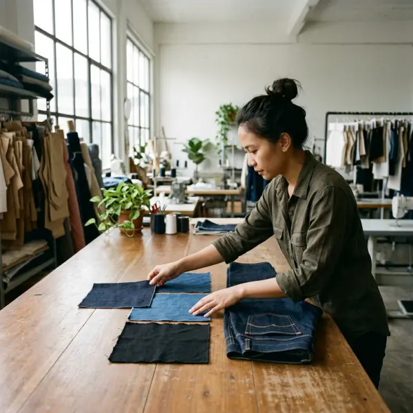 Tim pengembangan produk fashion membandingkan sampel warna denim untuk koleksi celana jeans