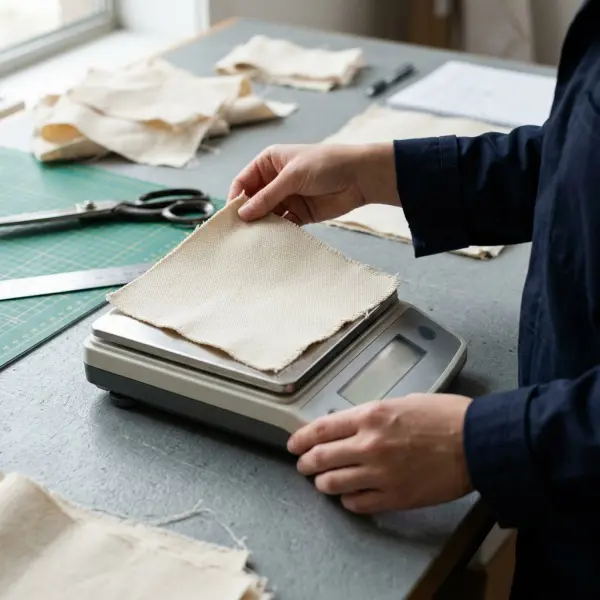 Pengukuran berat sampel kain kanvas untuk menentukan spesifikasi material jaket Pengukuran berat sampel kain kanvas untuk menentukan spesifikasi material jaket