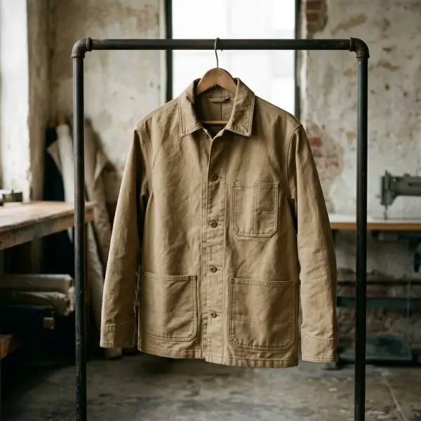 Jaket chore berbahan kanvas dengan saku tempel sebagai referensi desain workwear