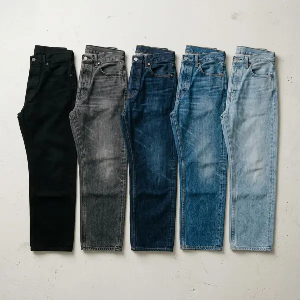 Perkembangan warna celana jeans dari biru indigo klasik hingga hitam, abu-abu, putih, dan biru muda