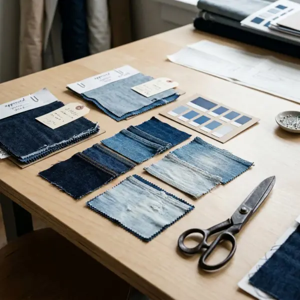 Sampel warna denim dan kartu acuan untuk menetapkan standar warna dengan supplier