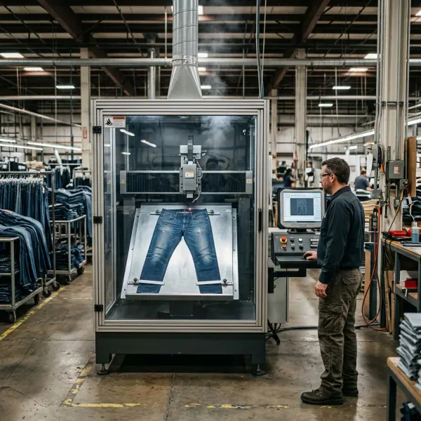 Proses finishing denim dengan pengaturan laser untuk membentuk efek pemudaran pada celana jeans