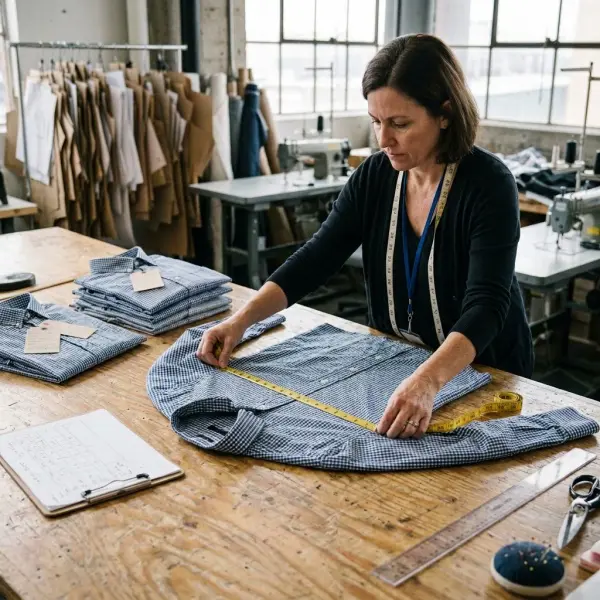 Apparel product development team checking garment measurements and size samples during size-depth planning Apparel product development team checking garment measurements and size samples during size-depth planning