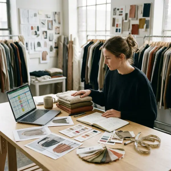 Fashion merchandising planner reviewing clothing assortment samples, product images, and inventory worksheets Fashion merchandising planner reviewing clothing assortment samples, product images, and inventory worksheets