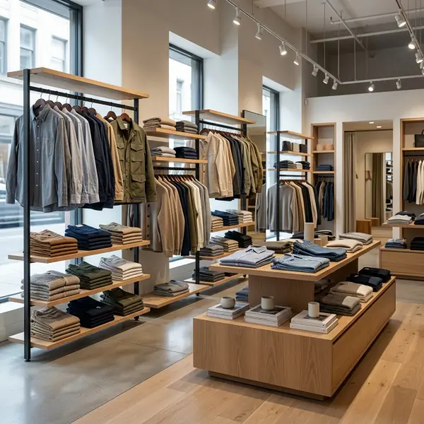 Fashion retail store displaying a coordinated assortment of casual clothing organized by category and color Fashion retail store displaying a coordinated assortment of casual clothing organized by category and color