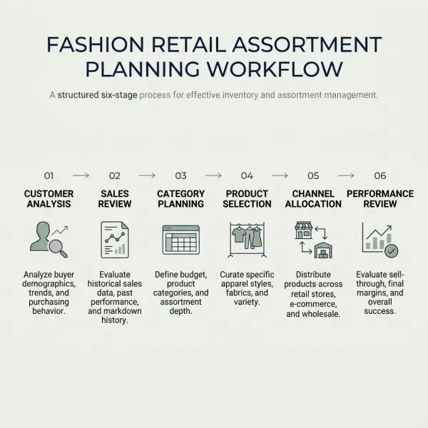 Six-stage workflow showing how fashion retailers plan merchandise assortments from customer research to performance review Six-stage workflow showing how fashion retailers plan merchandise assortments from customer research to performance review