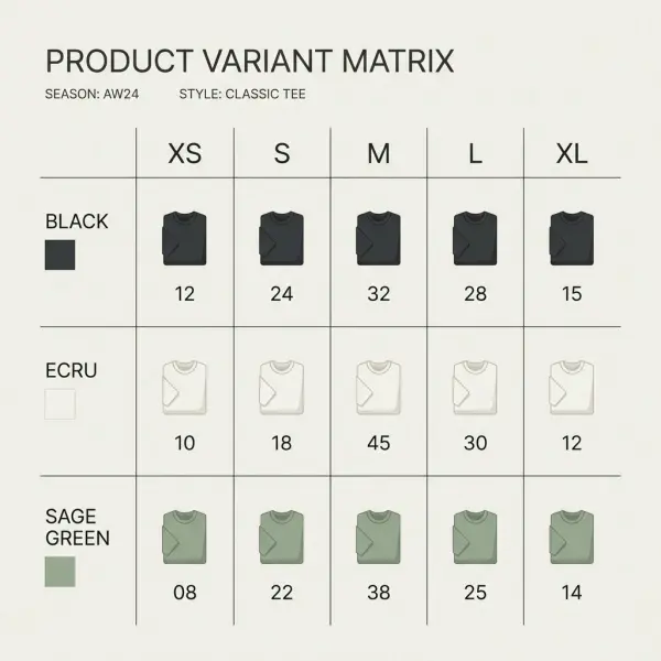 Simplified fashion inventory allocation matrix illustrating three shirt colors distributed across five clothing sizes Simplified fashion inventory allocation matrix illustrating three shirt colors distributed across five clothing sizes