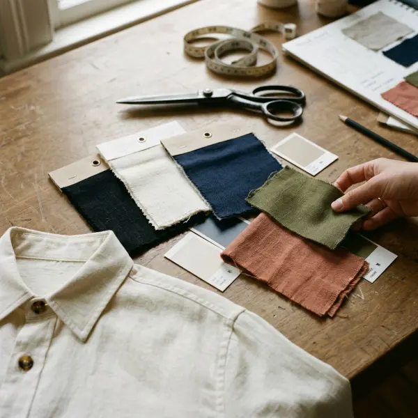 Apparel colorway planning with neutral and seasonal fabric swatches arranged beside garment samples Apparel colorway planning with neutral and seasonal fabric swatches arranged beside garment samples