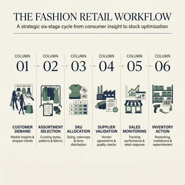 Fashion assortment planning workflow showing how retailers prevent dead stock through demand validation and inventory reviews