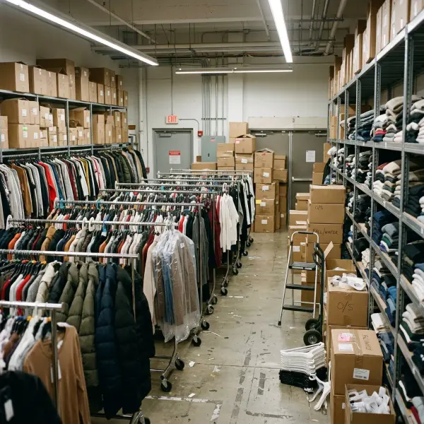 Unsold seasonal clothing hanging in a fashion retailer's stockroom with excess garments awaiting inventory review