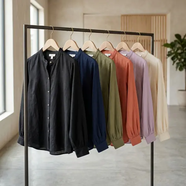 Multiple color variations of the same blouse displayed on a clothing rack, illustrating excess colorway assortment