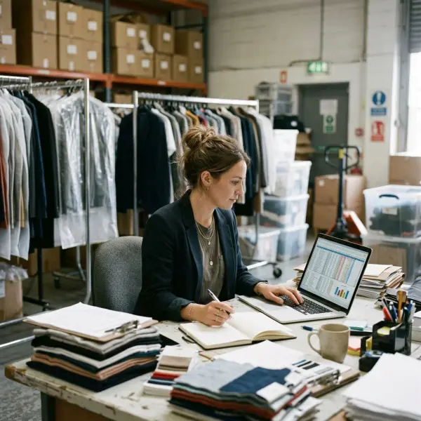 Fashion retail manager reviewing clothing inventory and sales performance on a laptop beside garment samples