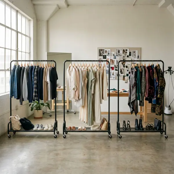 Fashion merchandising display comparing core wardrobe essentials with seasonal and fashion-led clothing Fashion merchandising display comparing core wardrobe essentials with seasonal and fashion-led clothing