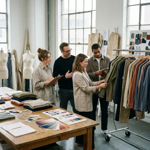 Fashion merchandising team reviewing clothing styles, fabric colors, and garment size options in a contemporary apparel studio Fashion merchandising team reviewing clothing styles, fabric colors, and garment size options in a contemporary apparel studio