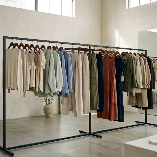 Coordinated fashion collection showing tops, shirts, trousers, dresses, and outerwear selected for a contemporary womenswear assortment Coordinated fashion collection showing tops, shirts, trousers, dresses, and outerwear selected for a contemporary womenswear assortment