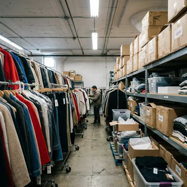 Fashion retail stockroom with multiple racks and boxes of unsold clothing awaiting inventory review Fashion retail stockroom with multiple racks and boxes of unsold clothing awaiting inventory review