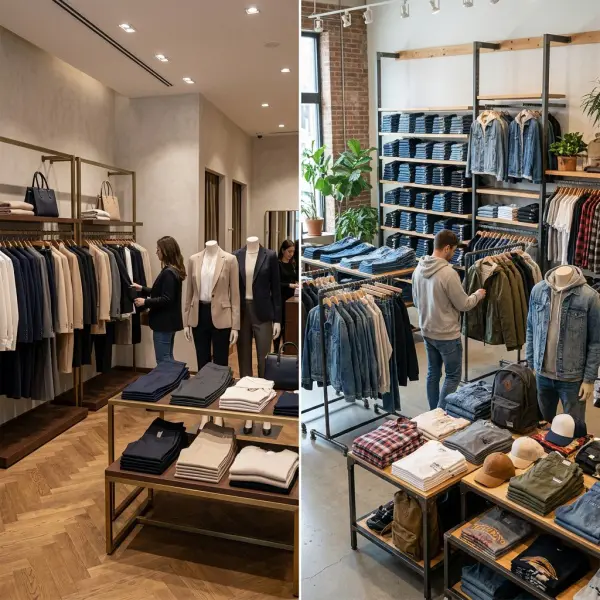 Two realistic fashion retail displays showing different apparel assortments suited to different customer shopping needs