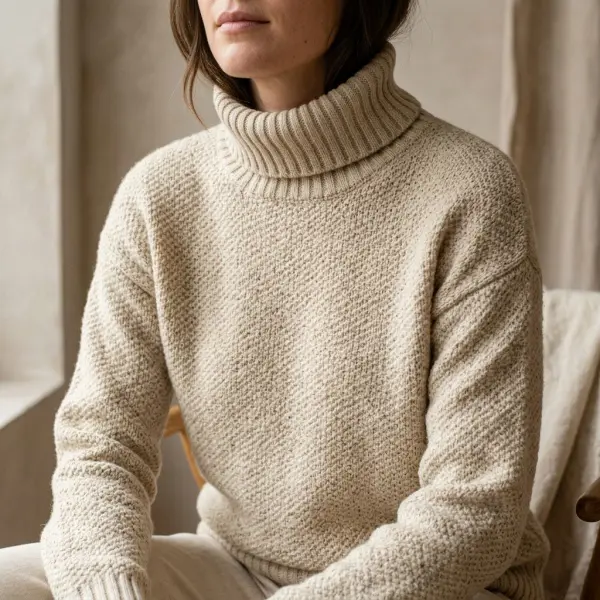 Kerah gulung turtleneck pada sweater rajut dengan lipatan kain yang jelas