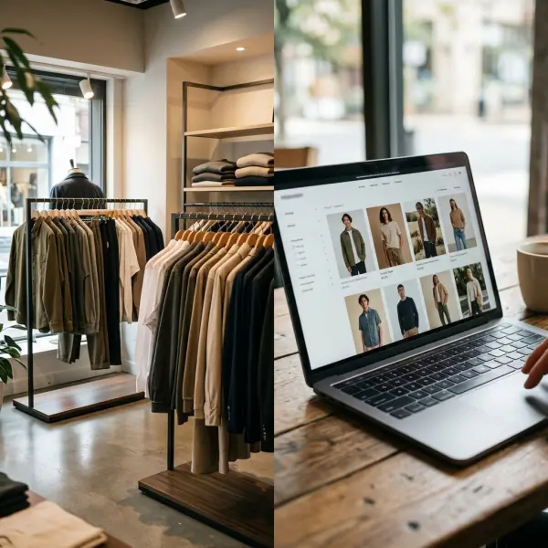 Side-by-side visual of a physical clothing store assortment and an online fashion store product catalog Side-by-side visual of a physical clothing store assortment and an online fashion store product catalog