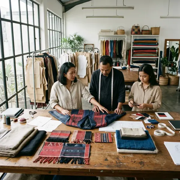 Proses pengembangan produk fashion berbasis ulos dari pemilihan kain hingga sampel akhir Proses pengembangan produk fashion berbasis ulos dari pemilihan kain hingga sampel akhir