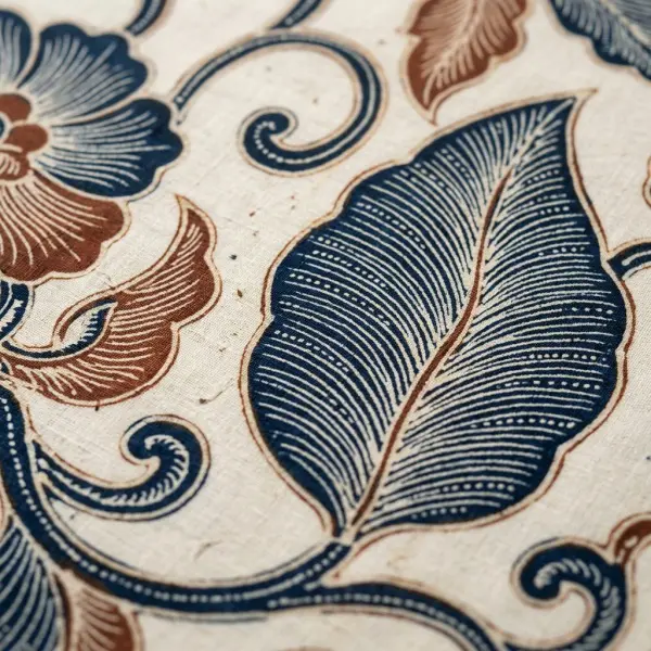 Arah garis isen-isen yang mengikuti struktur daun dan lengkungan ornamen pada motif batik Arah garis isen-isen yang mengikuti struktur daun dan lengkungan ornamen pada motif batik