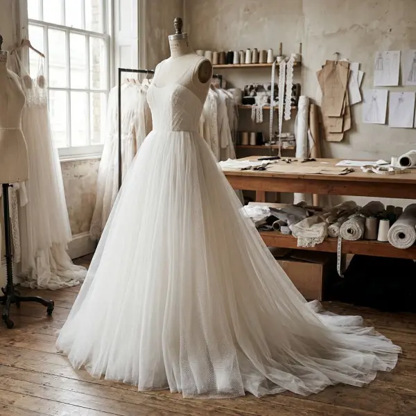 Ivory bridal gown featuring soft tulle net layers creating a delicate transparent skirt