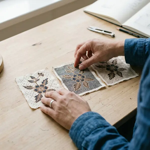 Desainer tekstil membandingkan sampel motif batik untuk mengevaluasi kepadatan dan detail isen-isen Desainer tekstil membandingkan sampel motif batik untuk mengevaluasi kepadatan dan detail isen-isen