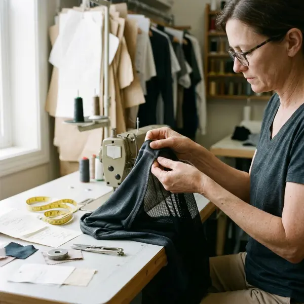 Garment production specialist examining stitching and mesh panel alignment on a technical sportswear sample Garment production specialist examining stitching and mesh panel alignment on a technical sportswear sample
