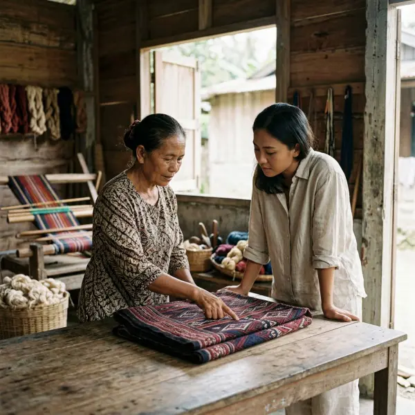 Diskusi tim fashion dan perajin mengenai kain ulos Batak Toba Diskusi tim fashion dan perajin mengenai kain ulos Batak Toba