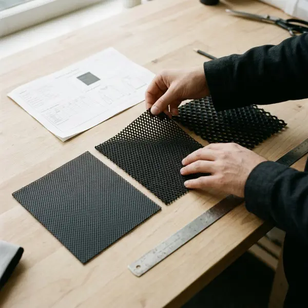Textile sourcing professional evaluating different mesh fabric swatches and technical specifications on a worktable Textile sourcing professional evaluating different mesh fabric swatches and technical specifications on a worktable