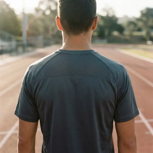 Realistic athletic shirt with fine mesh ventilation panel integrated into the upper back Realistic athletic shirt with fine mesh ventilation panel integrated into the upper back