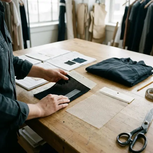 Apparel sourcing specialist inspecting mesh and net fabric samples with a measurement ruler and specification documents
