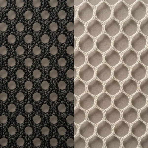 Side-by-side macro photograph comparing fine black knitted mesh fabric and white hexagonal net fabric
