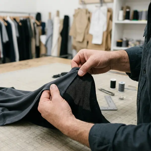 Garment technician inspecting a seam connecting fine mesh and opaque knitted fabric during product development