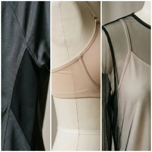 Realistic fabric detail comparison showing sportswear ventilation mesh, elastic lingerie mesh, and sheer fashion layering net