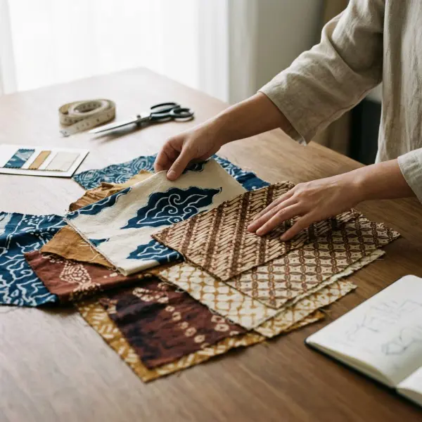 Desainer tekstil mengevaluasi sampel kain batik untuk pengembangan koleksi busana